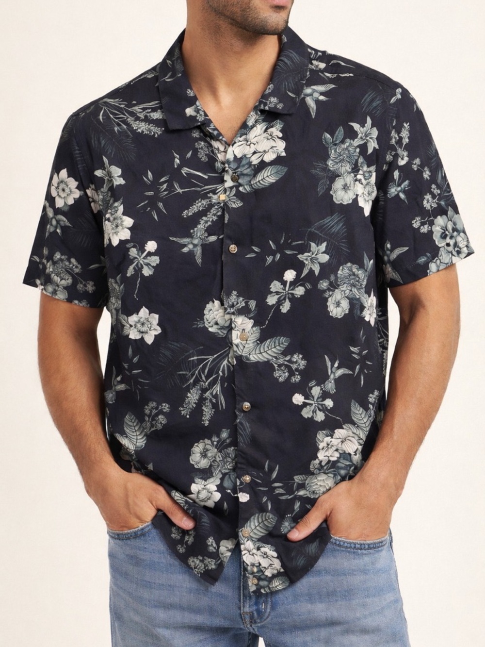 Denim & Flower Navy Floral Short-Sleeve Button-Down Shirt